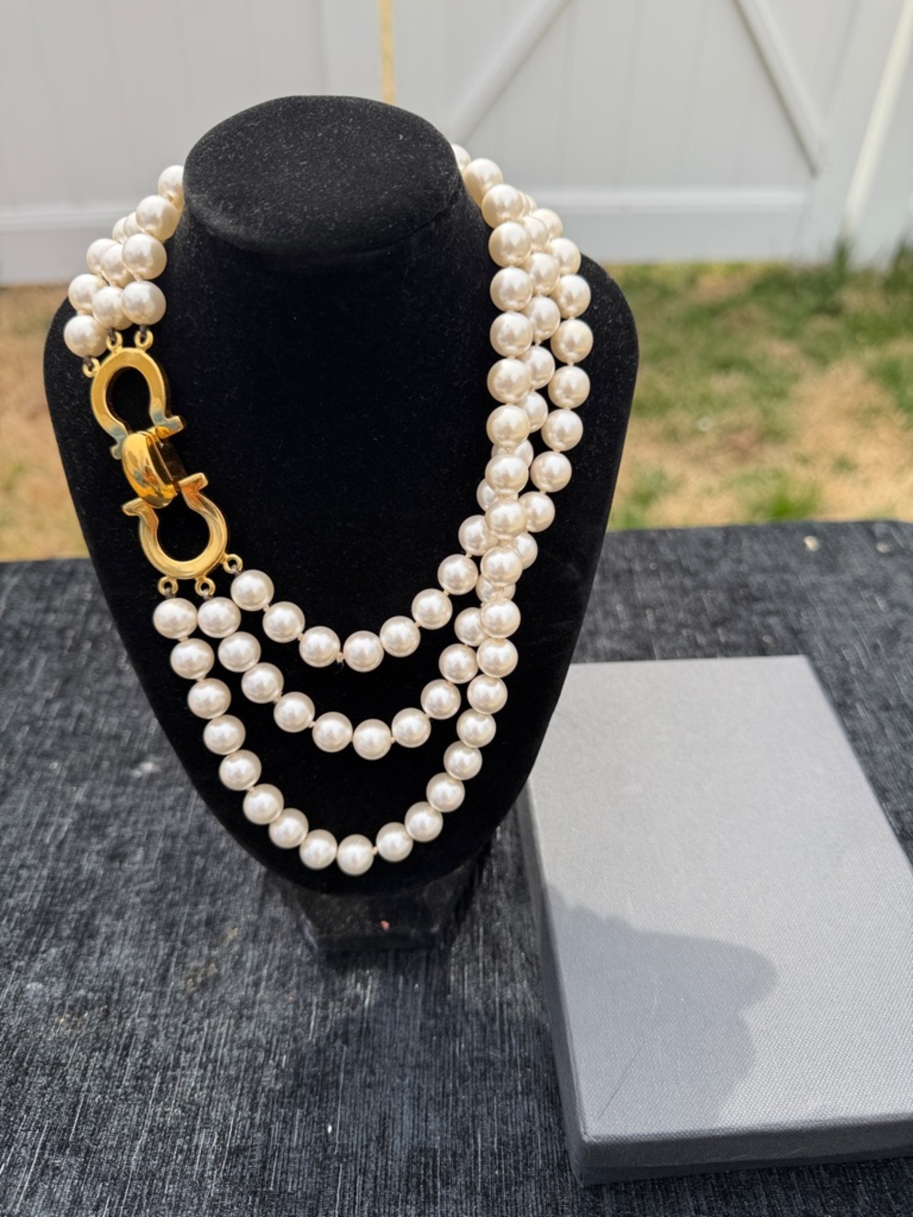 Salvatore Ferragamo Classic Three-Strand Faux Pearl Necklace with Gold Accent
